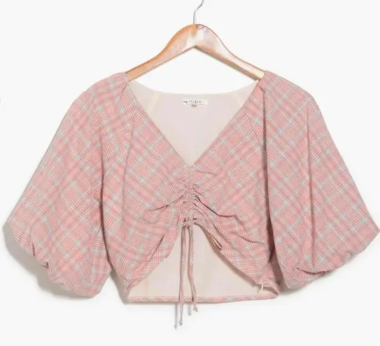 NWOT dRA Maisie Cotton Cropped Front Tie Blouse BLUSH PLAID Medium Puff Sleeves Pink