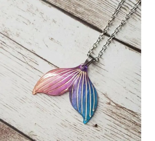 None Mermaid Tail Pendant Necklace Pink, Purple, & Blue, Gold Tone - New