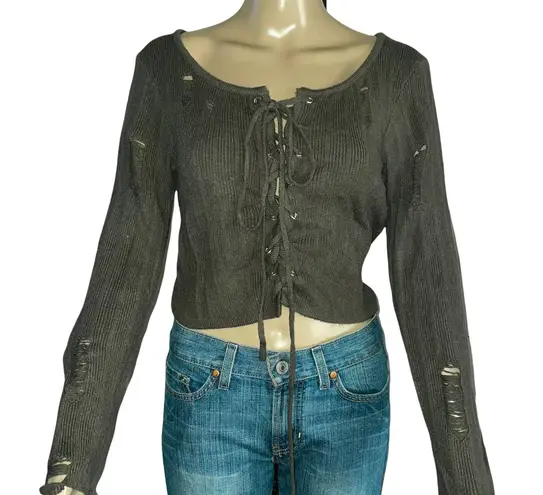 Lorena Rose Lace Up Destroyed Cropped Sweater