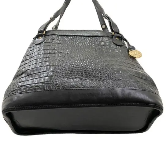 Brahmin Vintage Black Embossed Croc Leather Double Strap Bucket Shoulder Bag