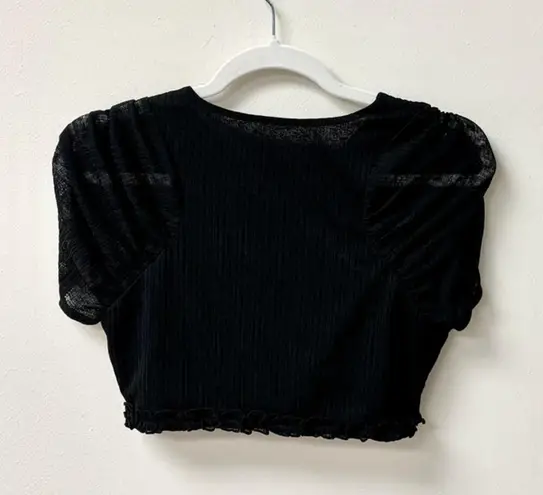 Camila Coelho NWOT Amorazo Puff Sleeve Lettuce Hem Crop Top Black Women's Size S