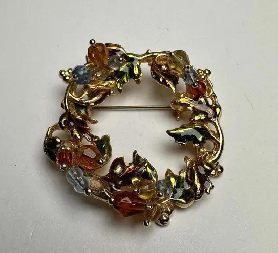 Fall / Autumn Wreath Enamel & Bead Brooch Pin Gold Tone Nice For Thanksgiving