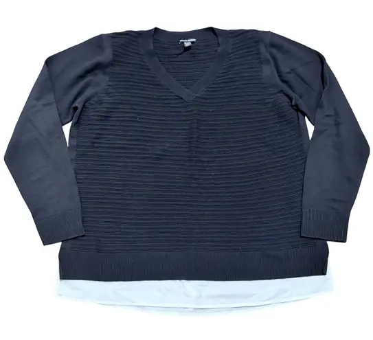 Hilary Radley Black V-Neck Textured Knit Layered Look Sweater Plus Size XXL