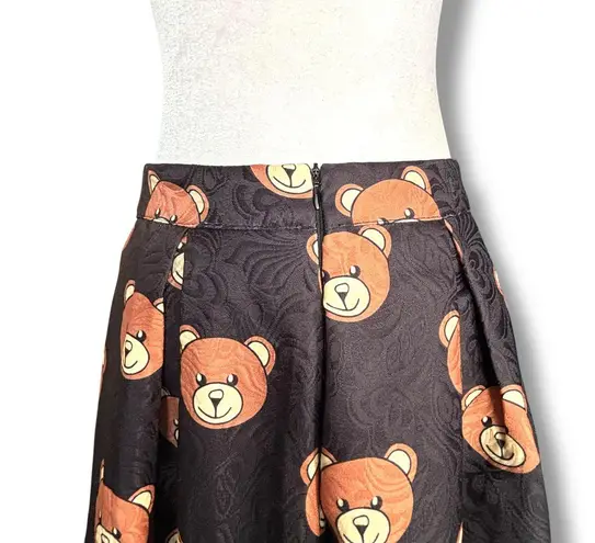 Saferin Teddy Bear Print Black Jacquard Pleated Midi Skirt Kawaii Harajuku Retro Size M