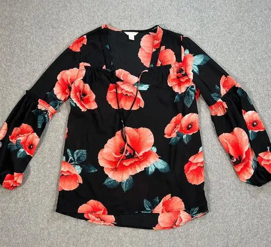 Caslon Sheer Floral Tunic Top Women's Small Red Poppies Balloon Sleeve Ruffle