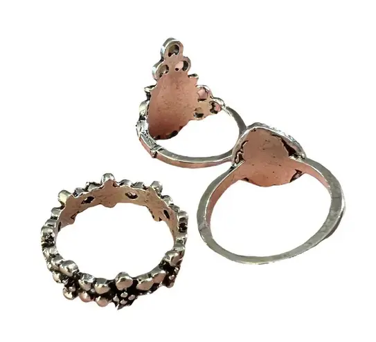 Lot of 3 Silver Tone Blue Teardrop, Floral & Oval Cabochon Size 6.25 Rings