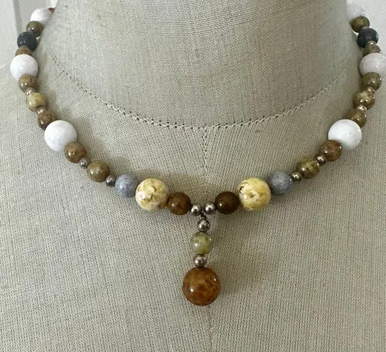 Multicolor Natural Stone Bead Necklace with Drop Pendant & Toggle Clasp
