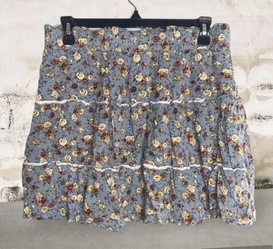 Indigo Rising Slate Blue Floral Print Ruffle Tier Elastic Waist Mini Skirt L Size undefined