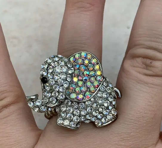 Silver Tone Crystal Lucky Trunk Up Elephant Ring