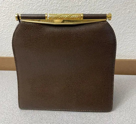Vtg RODO Italy Leather Frame Handbag Clutch Brown Goldtone Embossed Lined