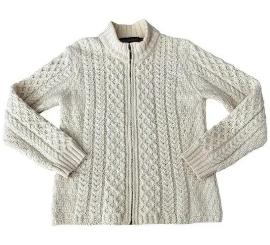 Inis Crafts Irish Cream Wool Zip Cable Knit high neck Cardigan size large