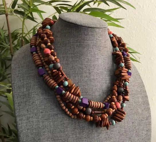 Brown wooden beaded necklace chunky layered twisted purple turquoise accents boho hippie african tribal