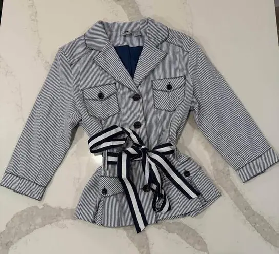 Vintage JW Div. Of Junction West Belted Button Front Seersucker Jacket Womens L Blue Size L