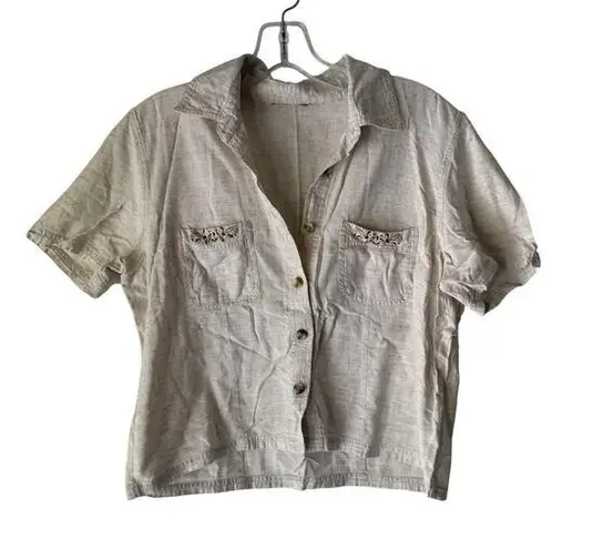 Cottage Button Up Shirt Medium Beige Short Sleeve Embroidered Pockets Casual Top