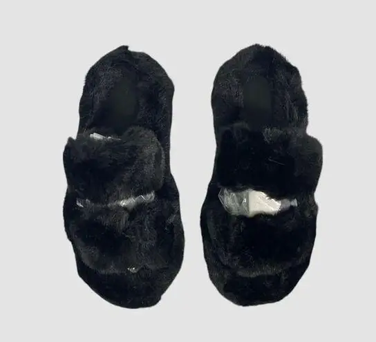 Chunky Faux Fur Fuzzy Black Slipper / Loafers Double Band US 8