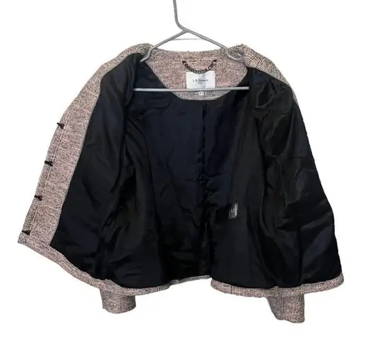 LK Bennett Gee Tweed Blazer Women’s Size 12 Pink Fringe Trim Zip Pocket Jacket Black