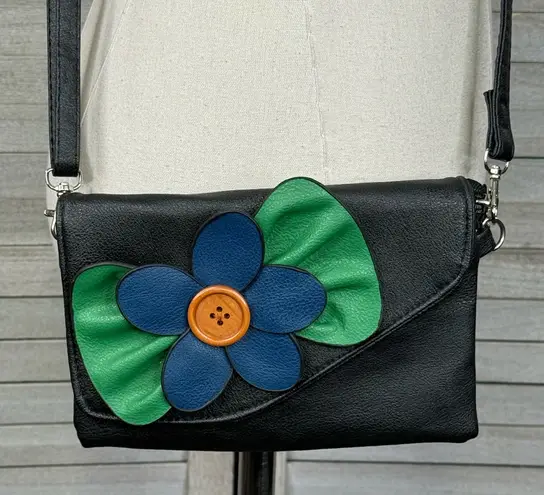 SAX Crossbody Purse Boho Floral Design Vegan Leather Black/Multi