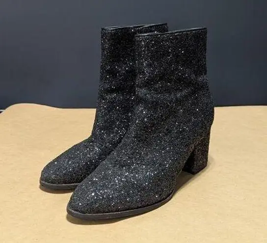 Corkys Razzle Dazzle Black Glitter Ankle Booties Heeled Boots Womens 8 Hey Girl