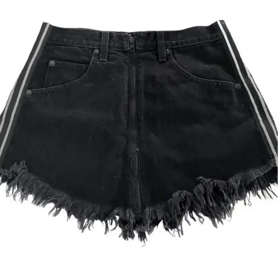 Carmar Skirt Womens 26 Black Denim High Rise Frayed Hem Side Stripe Zip Mini Size 2