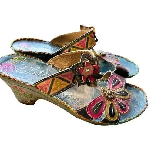 Womens Elite by Corkys Leather Wedge Sandals by Elites Size 7 Multicolor with Fl