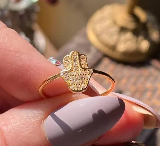 Sterling Silver Micro Pave CZ Hamza Gold 14k  Ring Sizes 6,9