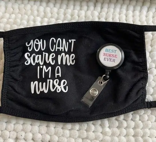 You Can't Scare Me Black Mask w/ Badge Reel Nurse Hospital Medical Doctor