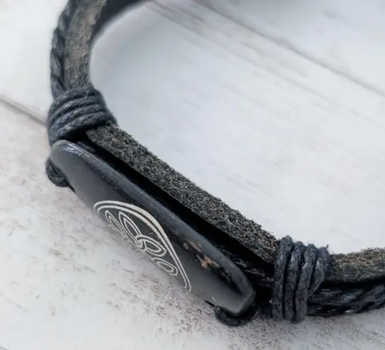 Leather? Tie Bracelet with Celtic Like Charm Black