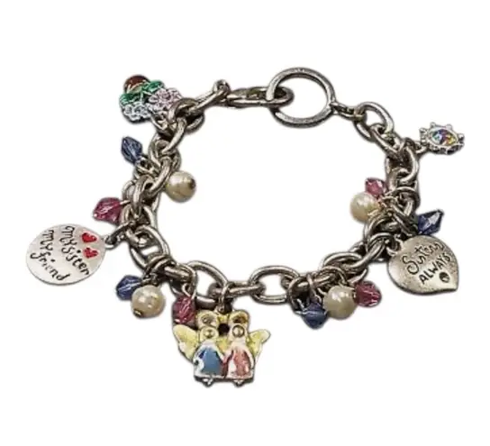 Sister Friendship Charm Bracelet Silver Tone Chains Lucite Beads Engraved Charms