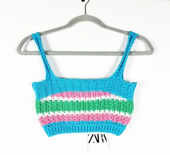 NEW Zara Cotton Blend Blue Green Pink Stripe Crochet Sweater Knit Crop Tank Top