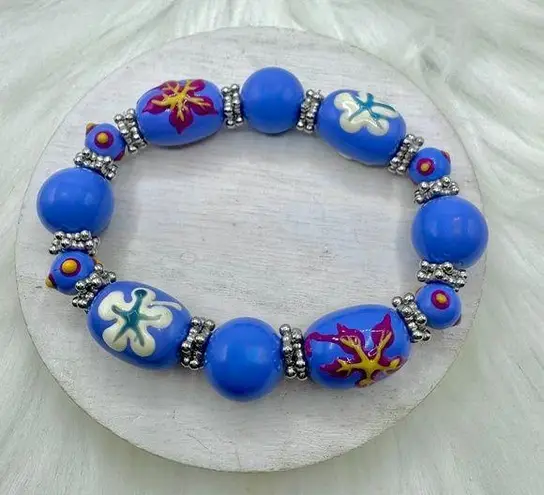 Large Beads Floral Design Beaded Beach Bracelet Blue