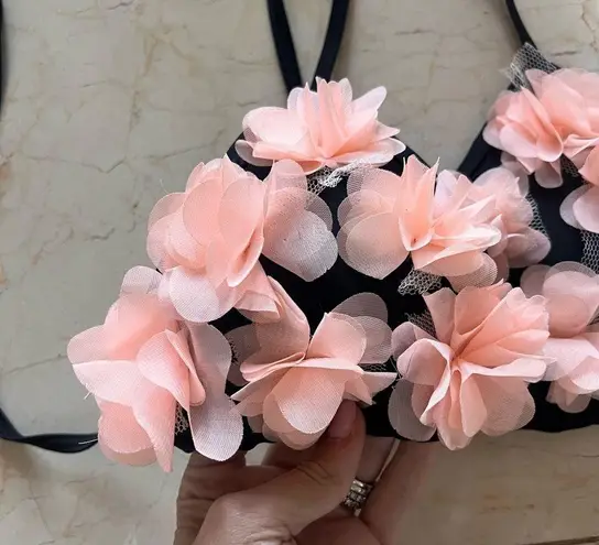 Triangle Light Pink and Black Flower Appliqué Bikini Top Size M