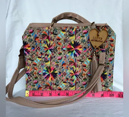 Boutique Artisanal Wood and Leather Colorful Mosaic Needlepoint Crossbody Purse