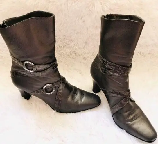 Brighton  Heeled Boots 7.5 Risque Leather Mid-Calf Alligator Pewter Silver