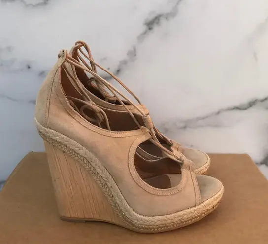 36.5 Aquazzura Christy women’s lace-up beige suede wedges sandal size IT US 6.5