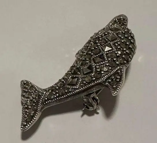 Sterling Silver Marcasite Dolphin Brooch Pin 1 7/8 Inch