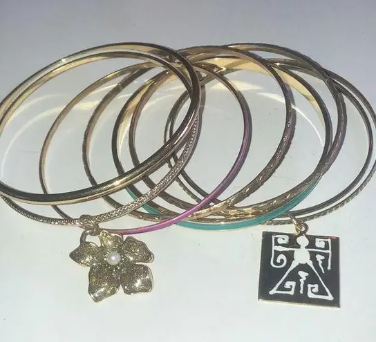 Lot of 9 Gold Tone Enamel Charm Boho Vintage Bangle Bracelets