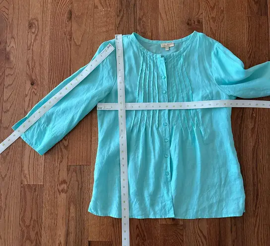 CHOiES Vtg Choices Women’s Linen Teal Blue 3/4 Sleeve Button Front Blouse Top, Sz M