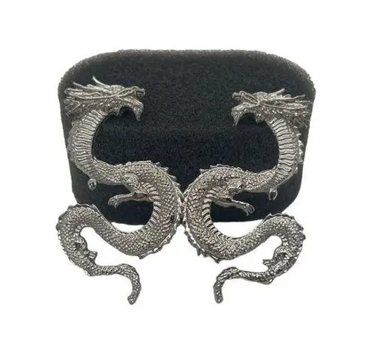 Silver Dragon Earrings Mystical Chinese Fantasy Intricate Detailing 2.25"