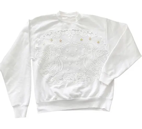 Vintage Lace Appliqué Christmas Angel Sweatshirt Crewneck White Gold Stars Size M
