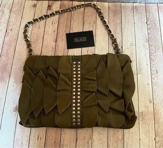 BE & D
Stud Embellished Leather Ruffle Bag, olive green with silver hardware