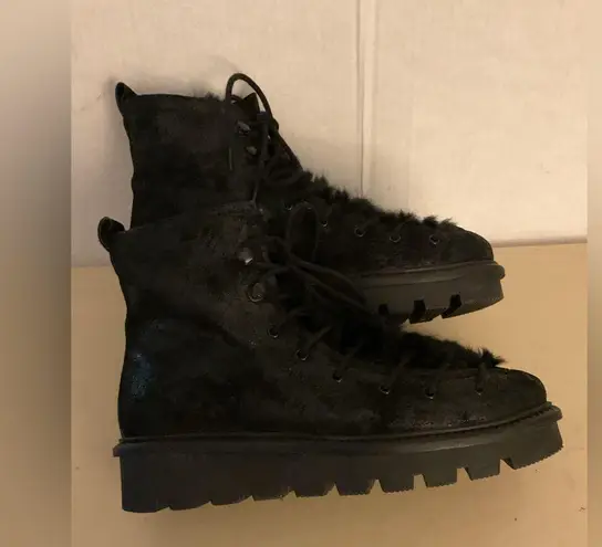 Seychelles women black metallic leather faux fur lace up combat boots size 6