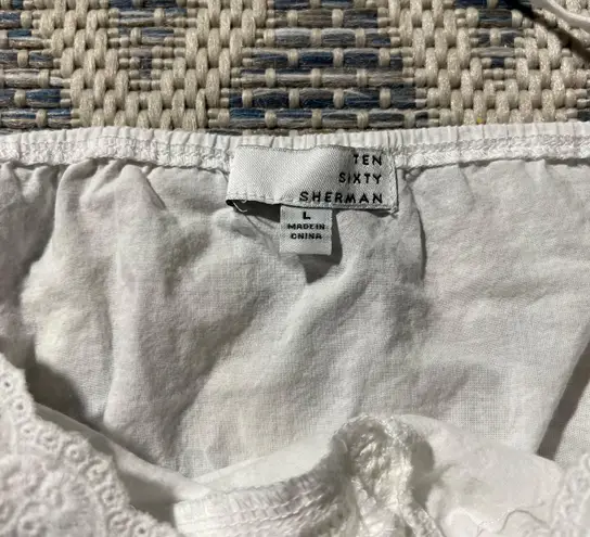 Ten Sixty Sherman White Eyelet Floral Lace Trim Cinched Waist Cropped Tank Top