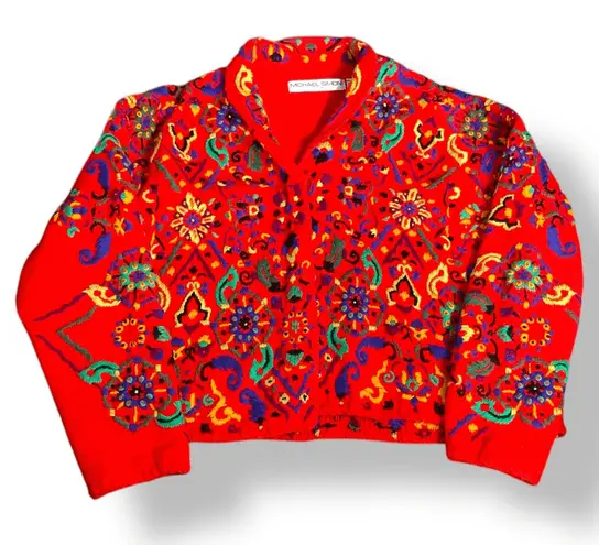 Vintage 90s Michael Simon Cherry Red Embroidered Knit Cardigan Sweater Eclectic Size L