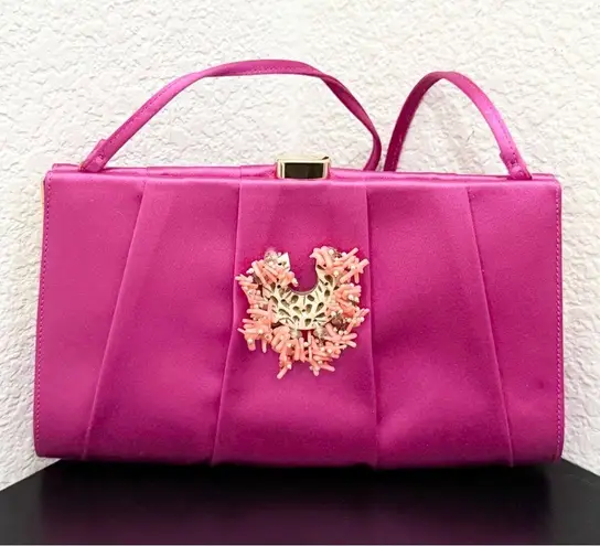 Oscar de la Renta Pink Satin Coral Bead Embellished Clutch Evening Shoulder Bag