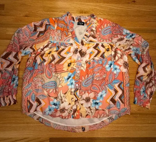 Fate Boho Floral Blouse Large | Sheer Button Down Festival Top Orange