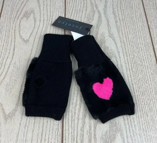 Jocelyn Intarsia Hearts Faux Fur Fingerless Knit Mittens OS Black Pink $75