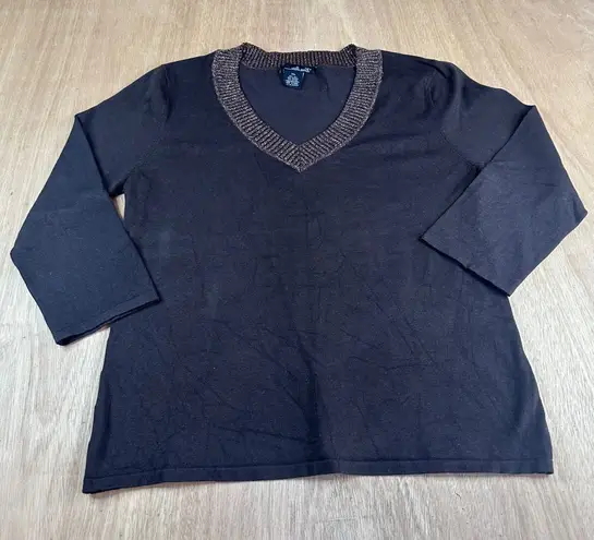 Willi Smith Brown Silk Blend Top XL Metallic Trim 3/4 Sleeve Shimmer Knit