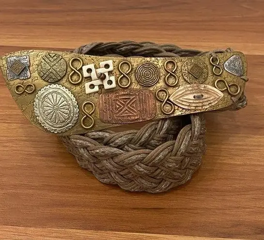 Vintage BAER SF Hammered Mixed Metal Boho Bohemian Woven Braided Belt One Size Tan