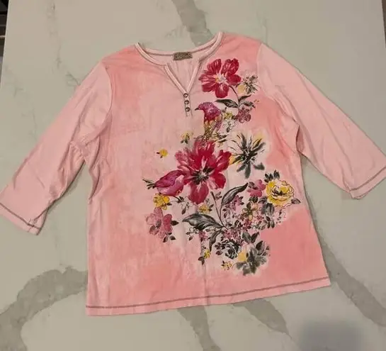 Y2K Blue Canyon Henley Top Women’s 1X Pink Floral Bird Print Rhinestone V Neck