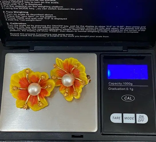 Vintage ORA Signed Orange Plastic Poppy Flower Faux Pearl Brooch & Earrings Set